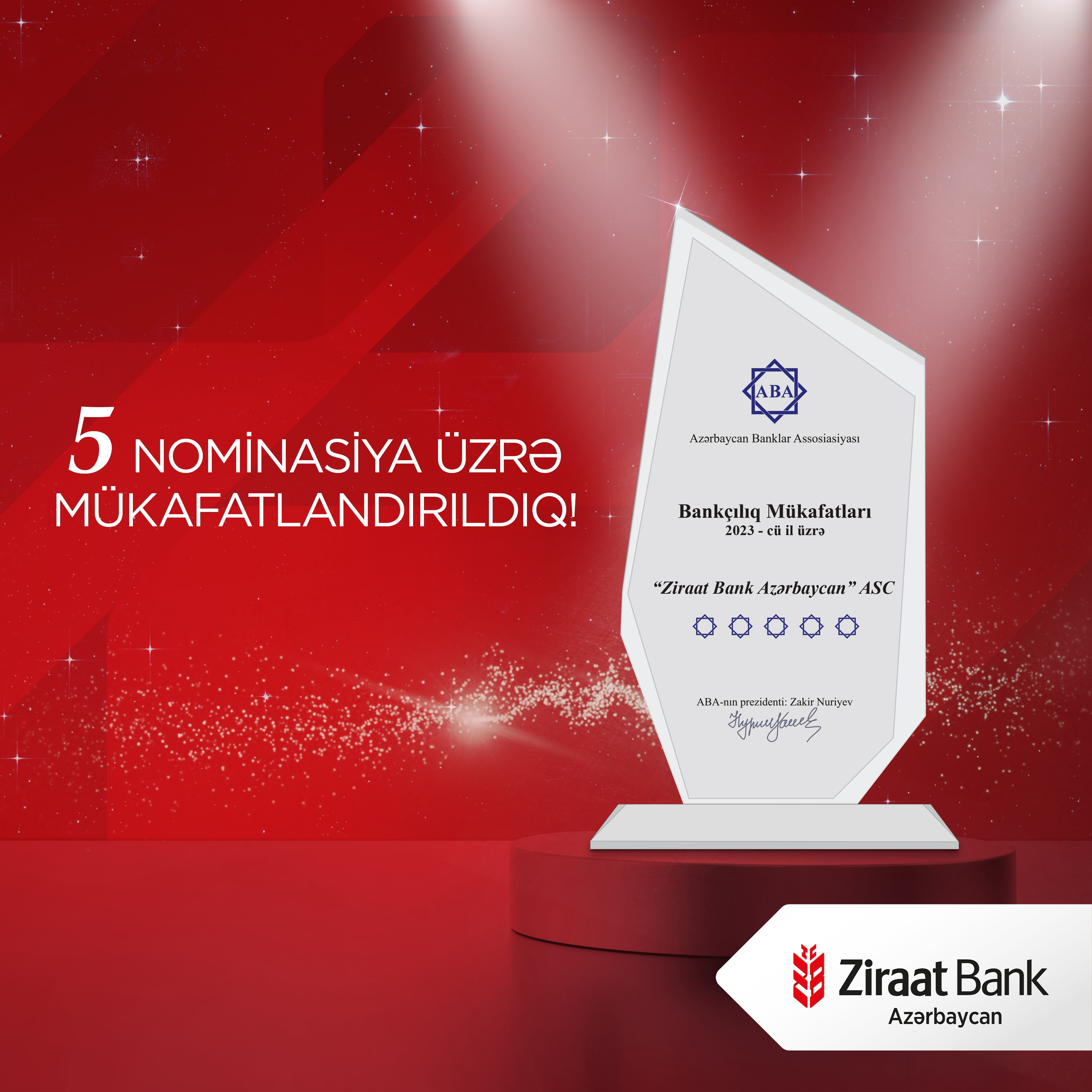 Ziraat Bank Azərbaycan ABA tərəfindən 5 nominasiya üzrə mükafatlandırılıb